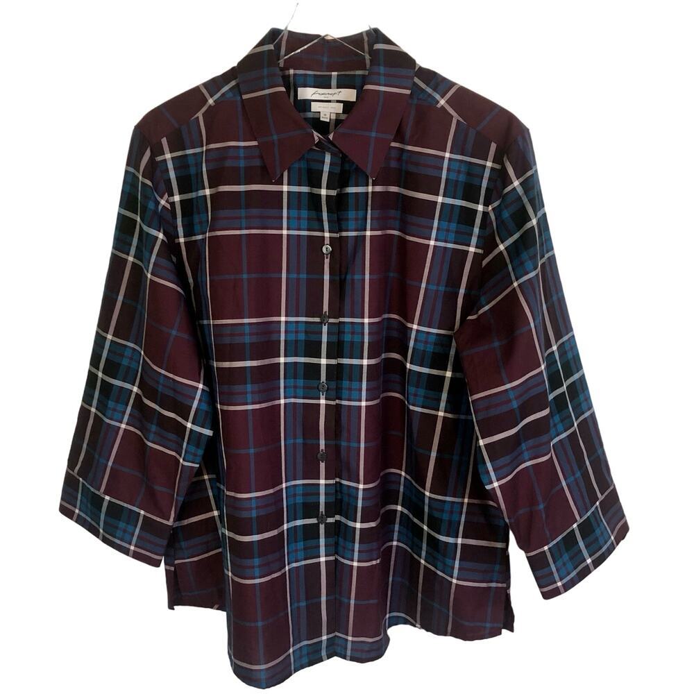 Foxcroft NYC Shaped Wrinkle Free Burgundy Plaid Button Up Top Blouse Size XL